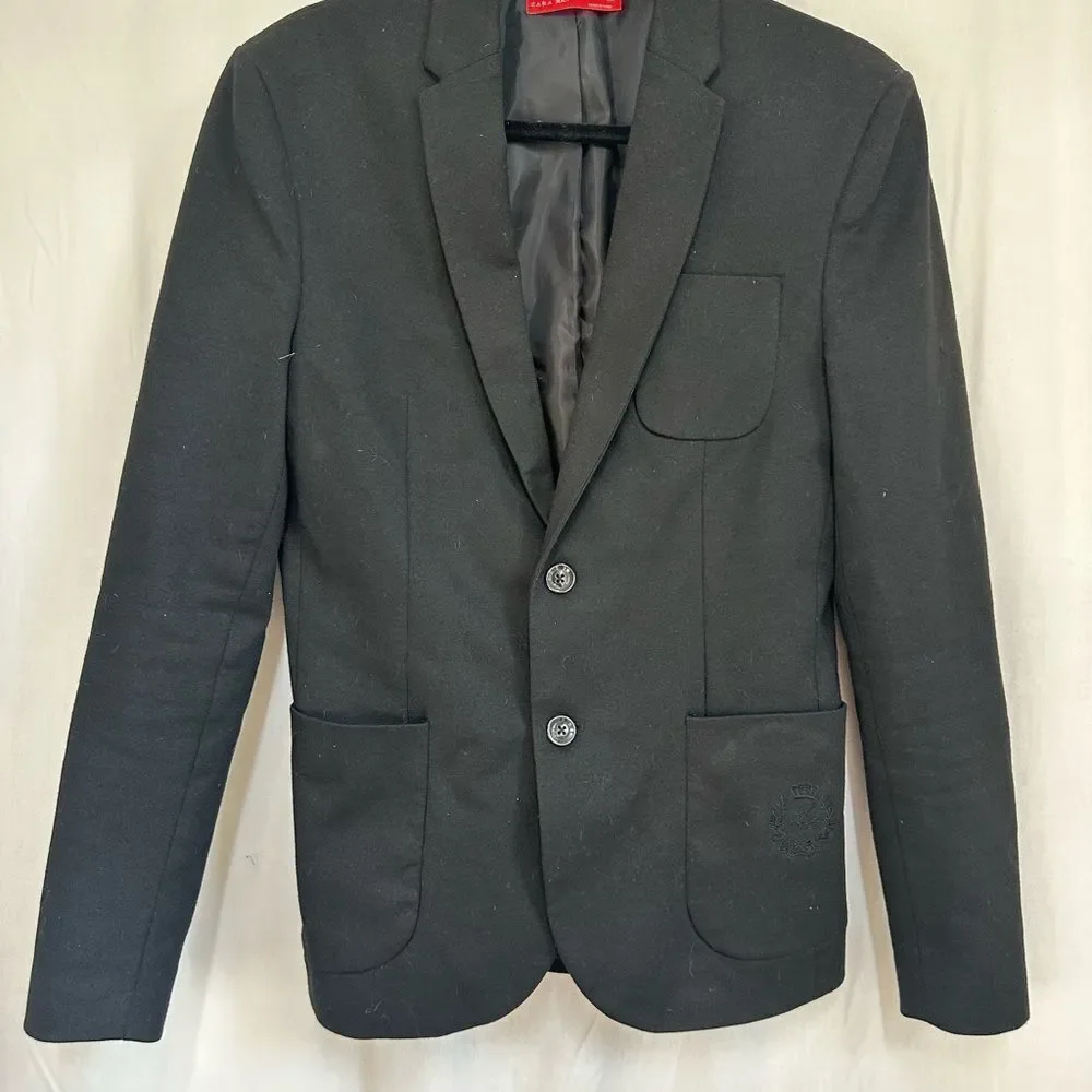 ZARA black two buttons embroidered pocket tailored slim fit blazer jacket S